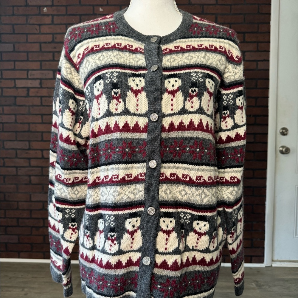 Croft &‎ Barrow Snowman Fair Isle Cardigan Sweater Large Ramie Wool Blend
